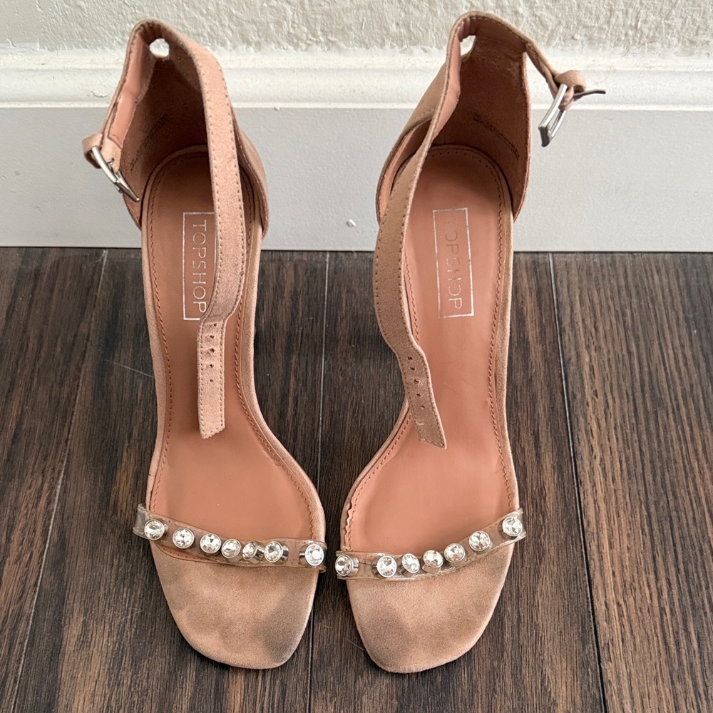 Topshop Blush Suede Crystal-Strap Ankle-Heel Sandals
